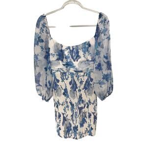 Hello Molly Calendar Girl Blue White Floral Smocked Mini Dress Size 8